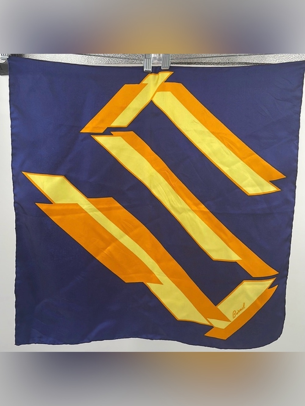 Vintage 60’s Burmel abstract geometric blue orange yellow scarf